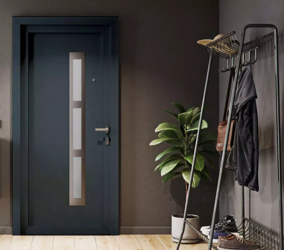 Porte d'entrée aluminium gris anthracite avec vitrage latéral
